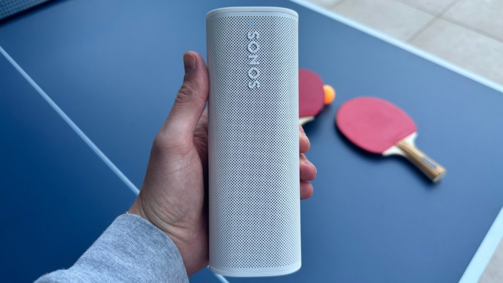 White Sonos Roam 2 by ping pong table