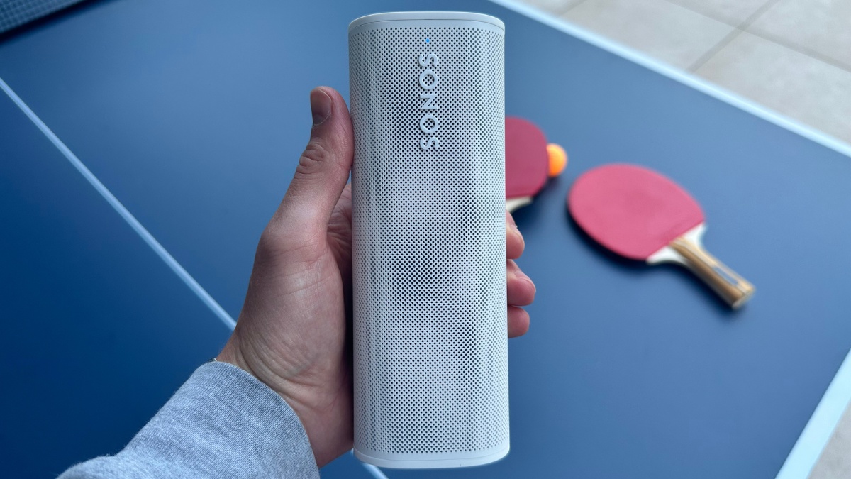 Sonos Roam 2 handheld above a ping pong table