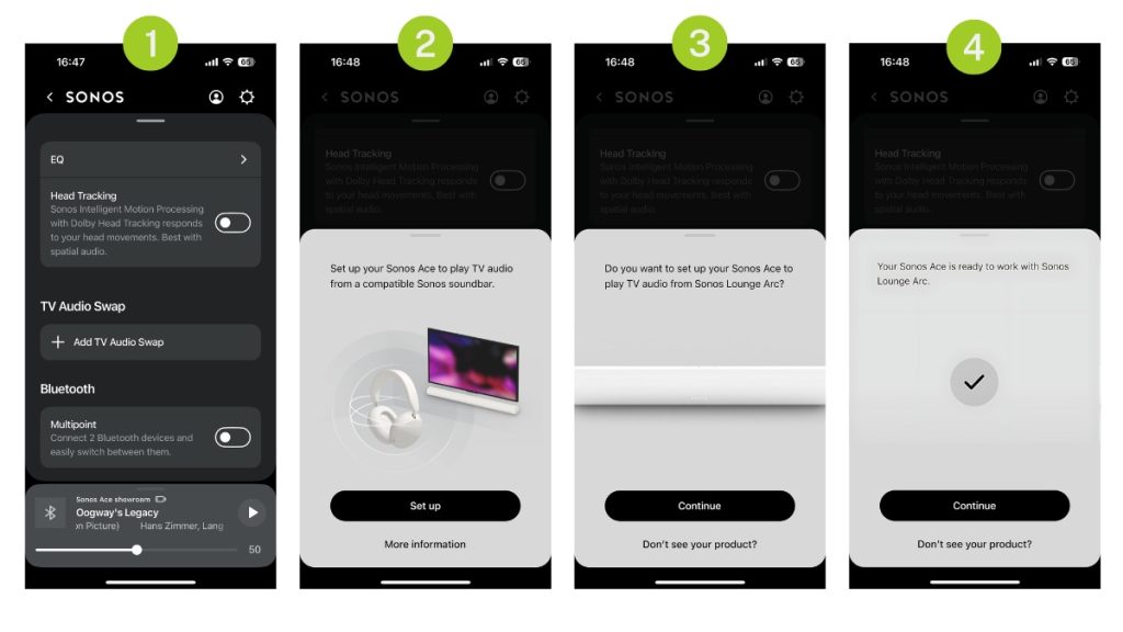 Sonos App screenshots of how to set up TV Audio Swap