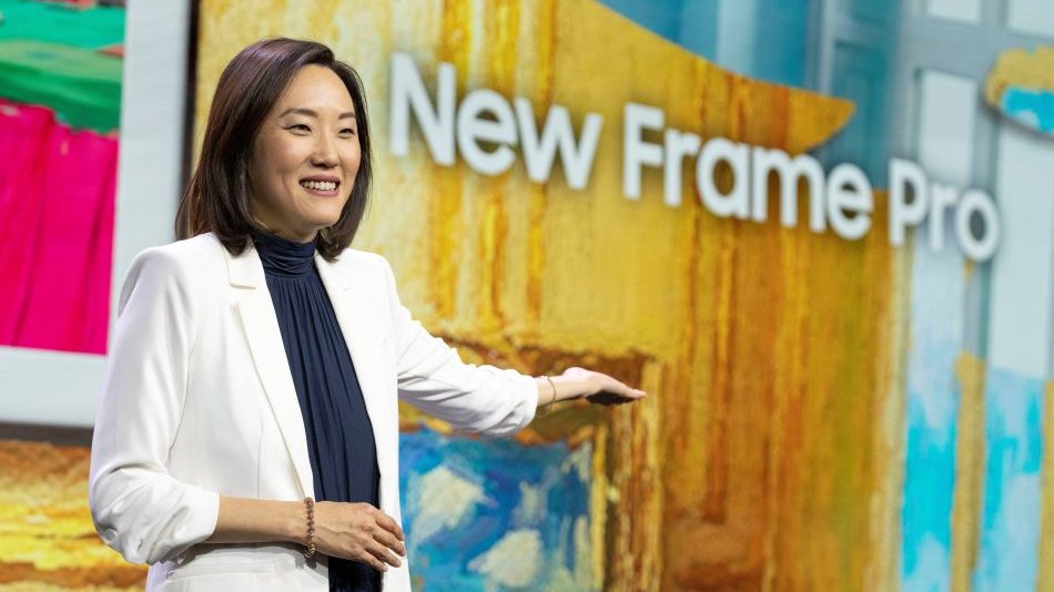 Lydia Cho at CES 2025 introducing Frame Pro