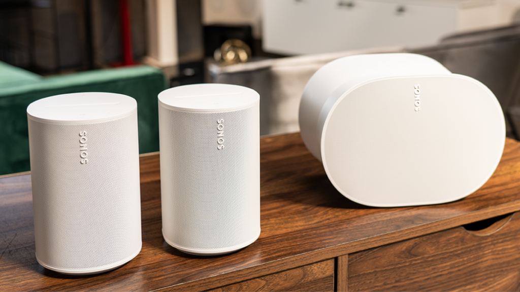 pair of Sonos Era 100s next to Sonos Era 300